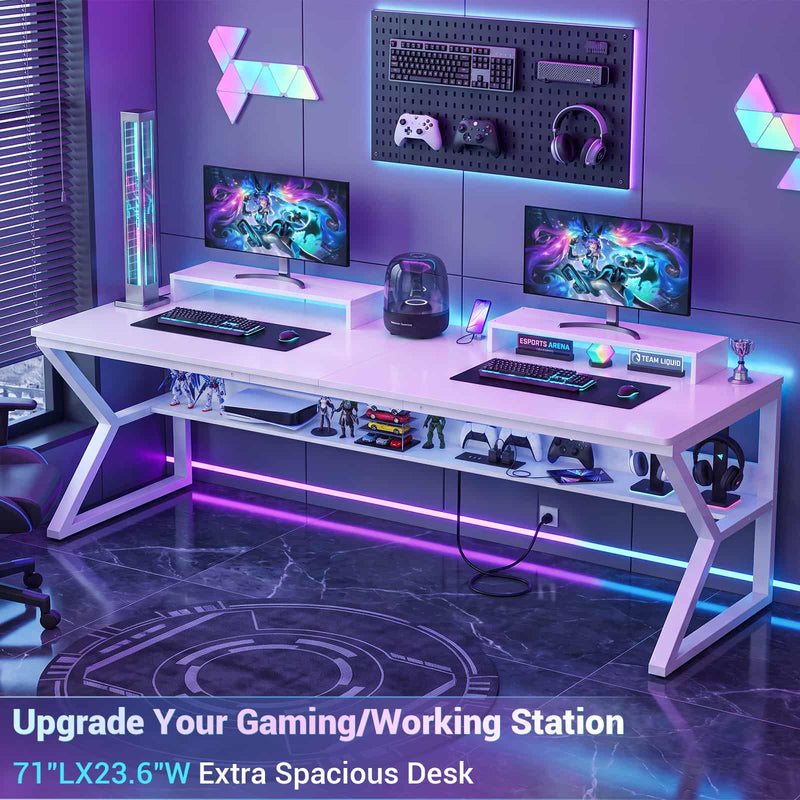 71-Inch Two-Person Computer Desk with Power Outlets, Storage Shelf