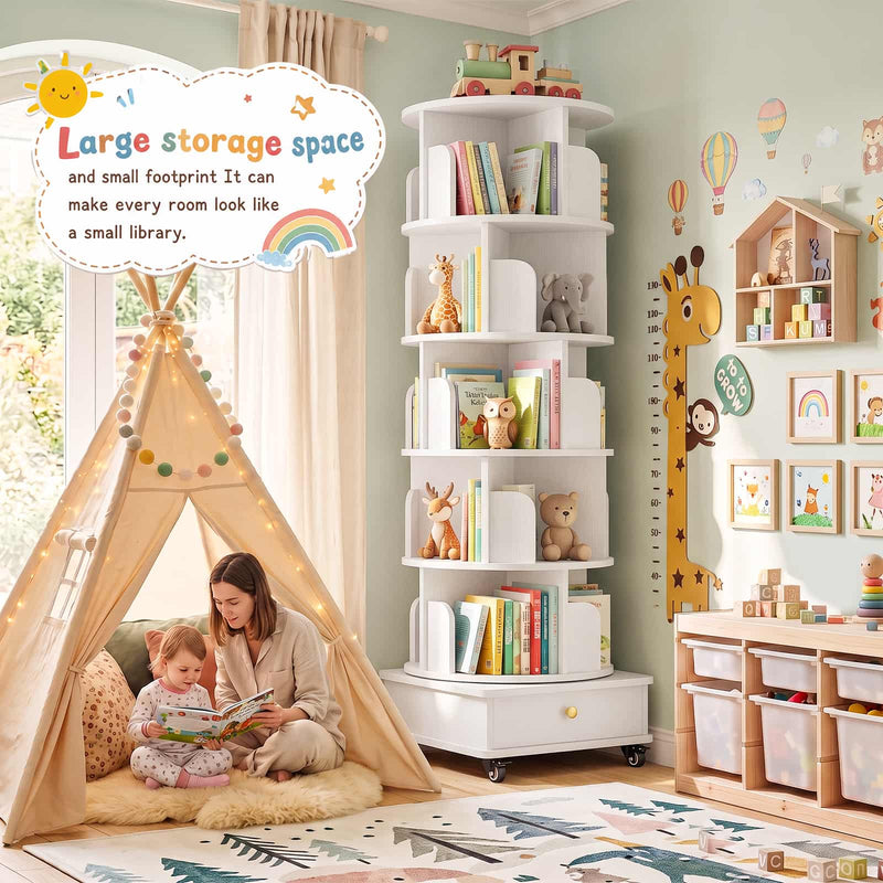 5-Tier Rotating Bookshelf, Corner Book Shelf with Drawer & Wheels, 70" Tall Solid Wood Spinning Bookcase