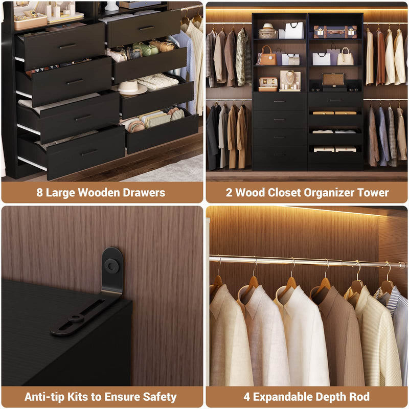 Modular Wood Closet Organizer System (6-15 ft) with 8 Drawers & 4 Hanging Rods