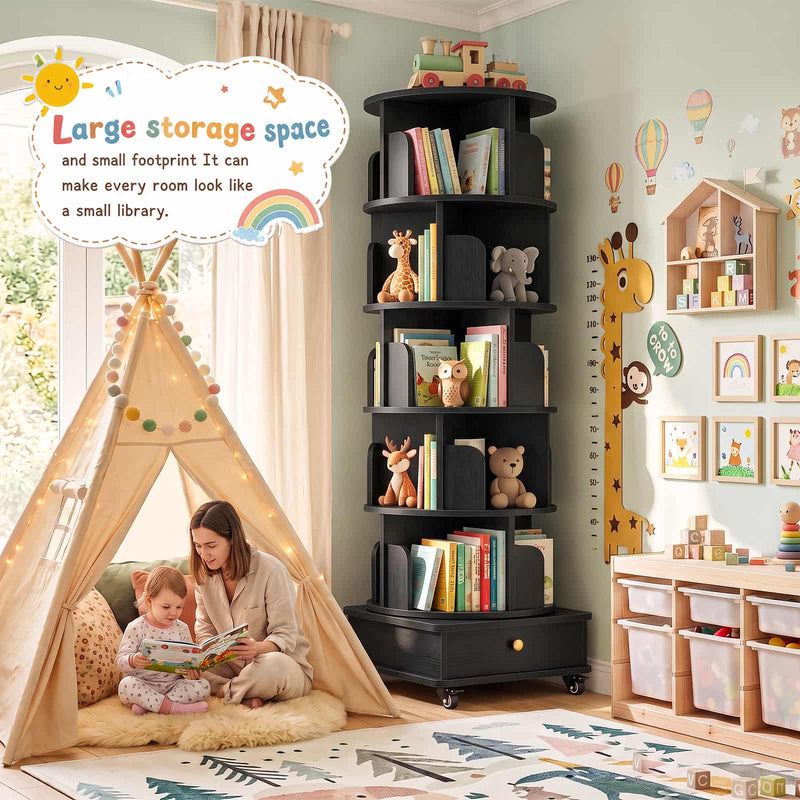5-Tier Rotating Bookshelf, Corner Book Shelf with Drawer & Wheels, 70" Tall Solid Wood Spinning Bookcase