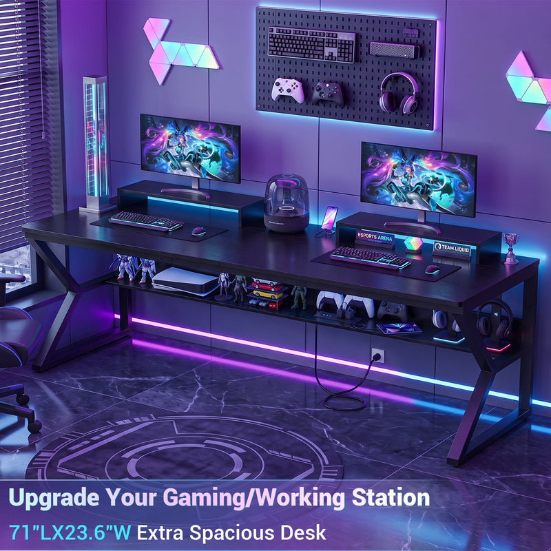 71-Inch Two-Person Computer Desk with Power Outlets, Storage Shelf