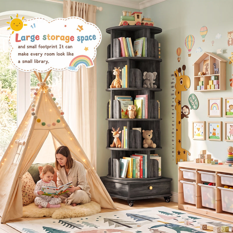 5-Tier Rotating Bookshelf, Corner Book Shelf with Drawer & Wheels, 70" Tall Solid Wood Spinning Bookcase