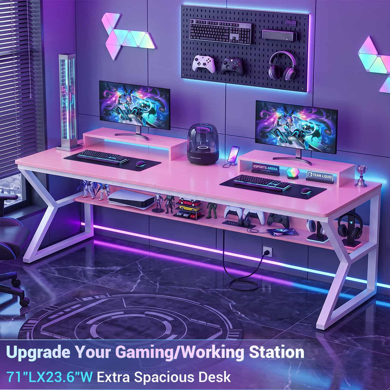 71-Inch Two-Person Computer Desk with Power Outlets, Storage Shelf