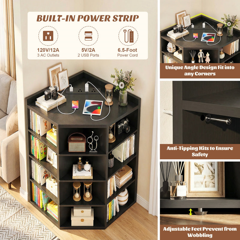 4-Tier 15 Cube Corner Bookshelf with Power Outlets