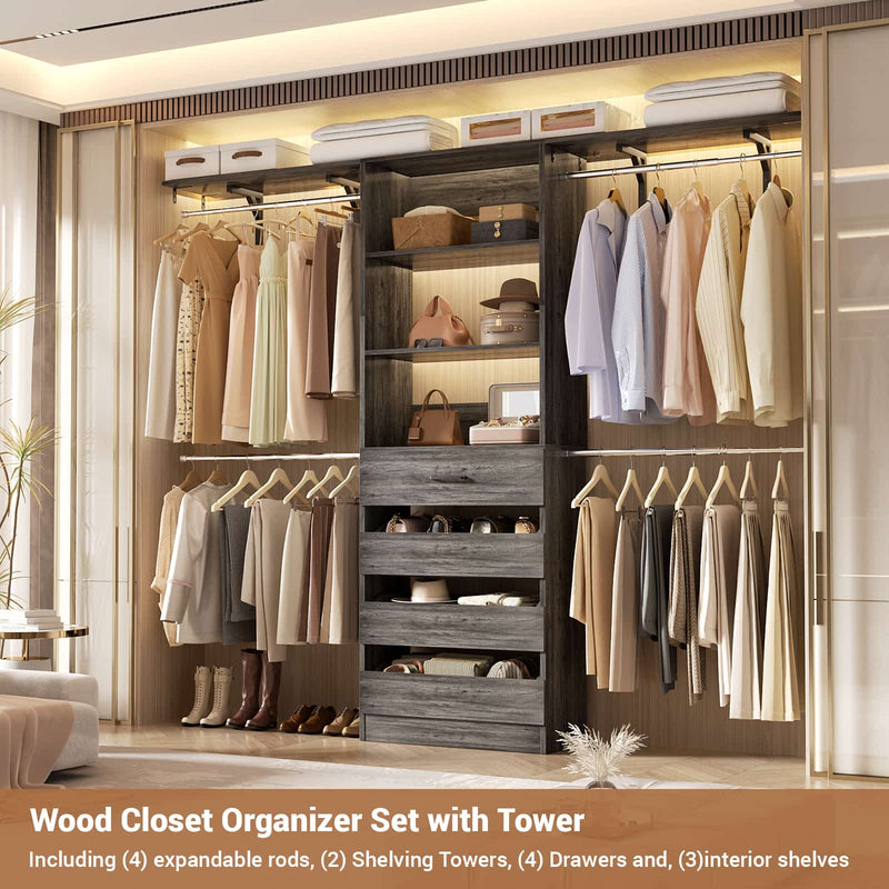 Closet System with 4 Drawers, 8FT Wood Closet Organizer Built In System Tower with Shelves & 4 Rods