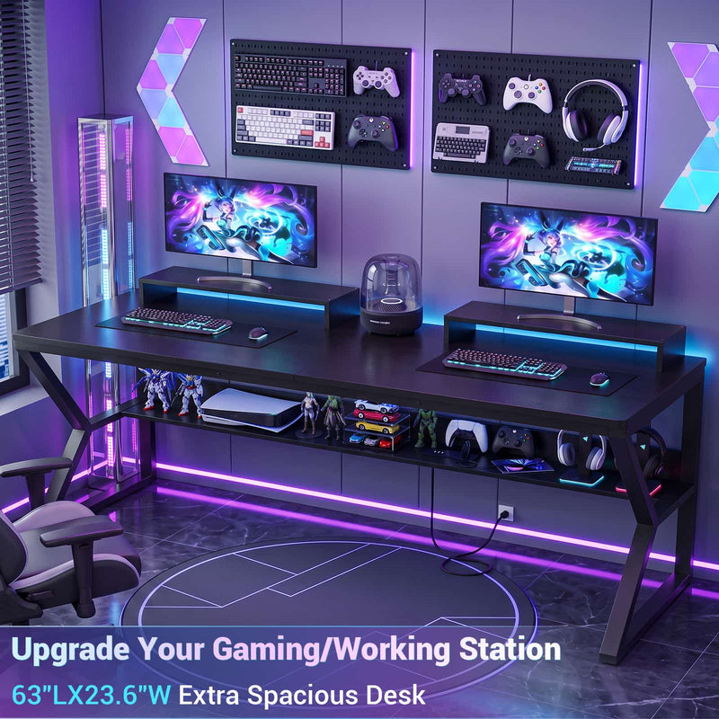 63-Inch Two-Person Computer Desk with Power Outlets, Storage Shelf