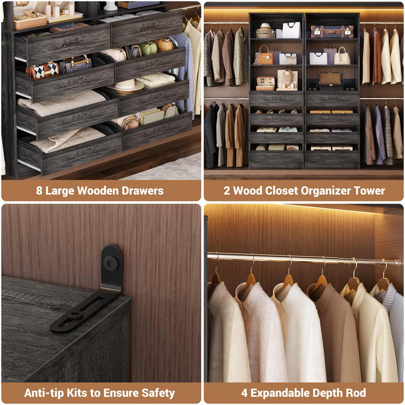 Modular Wood Closet Organizer System (6-15 ft) with 8 Drawers & 4 Hanging Rods
