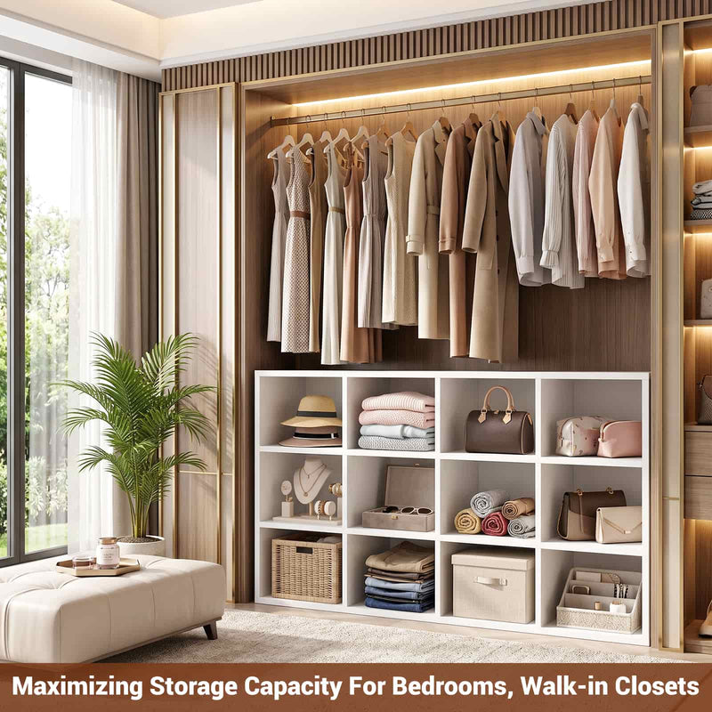 47.7" Wide 12-Cube Storage Shelf Bookcase, Wooden Open Organizer with Full Back Panel, Fits 11x11" Bins, Bookcase for Home Office, Bedroom