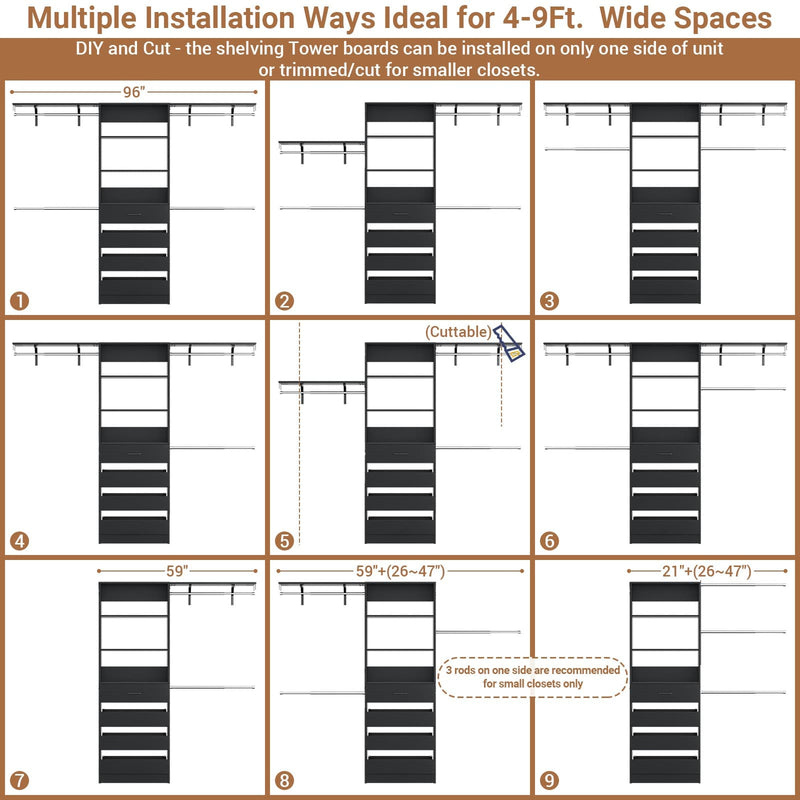 Closet System with 4 Drawers, 8FT Wood Closet Organizer Built In System Tower with Shelves & 4 Rods