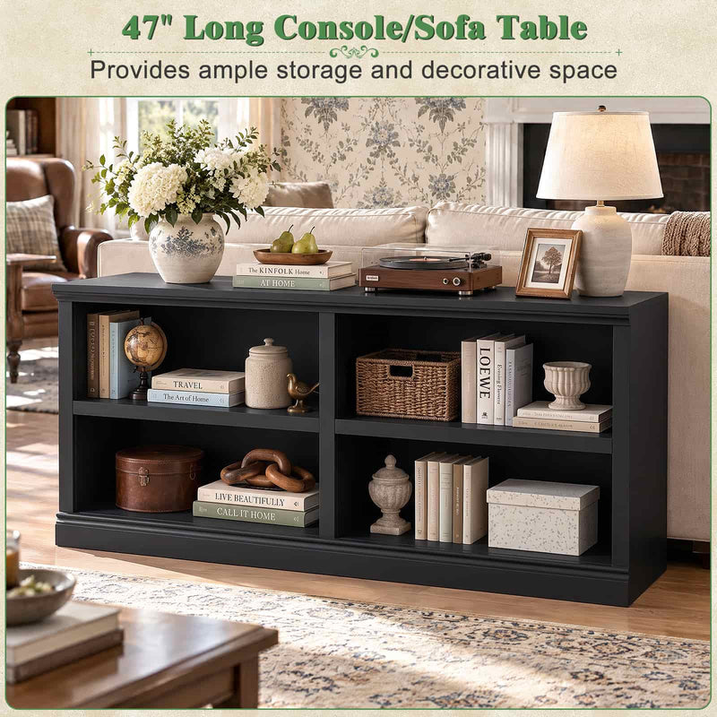 47" Wide Horizontal Bookshelf, 2-Tier 4 Cube Wooden Low Bookcase, Short Open Storage Organizer & TV Stand for Living Room, Home Office