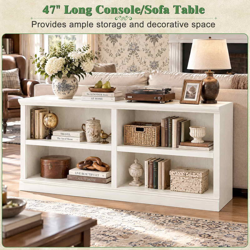 47" Wide Horizontal Bookshelf, 2-Tier 4 Cube Wooden Low Bookcase, Short Open Storage Organizer & TV Stand for Living Room, Home Office