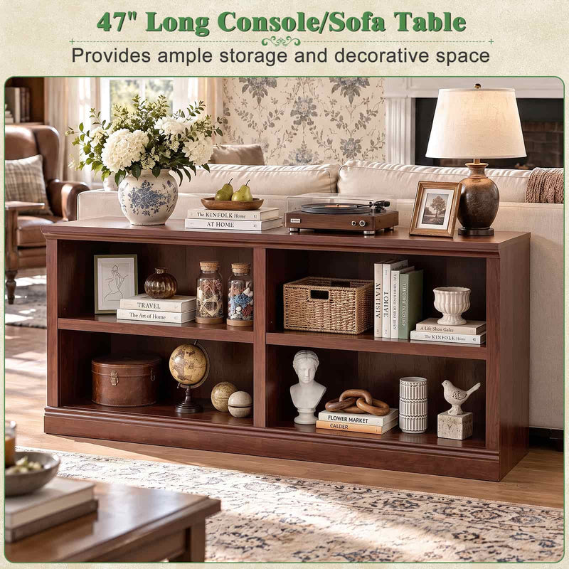 47" Wide Horizontal Bookshelf, 2-Tier 4 Cube Wooden Low Bookcase, Short Open Storage Organizer & TV Stand for Living Room, Home Office