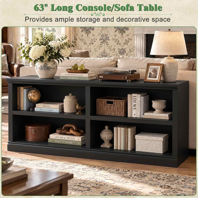 63" Wide Horizontal Bookshelf, 2-Tier 4 Cube Wooden Low Bookcase, Modern Long Open Storage Organizer Cabinet & TV Stand for Living Room, Home Office
