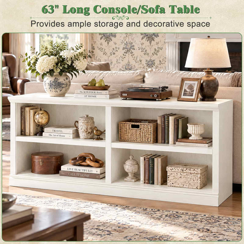 63" Wide Horizontal Bookshelf, 2-Tier 4 Cube Wooden Low Bookcase, Modern Long Open Storage Organizer Cabinet & TV Stand for Living Room, Home Office