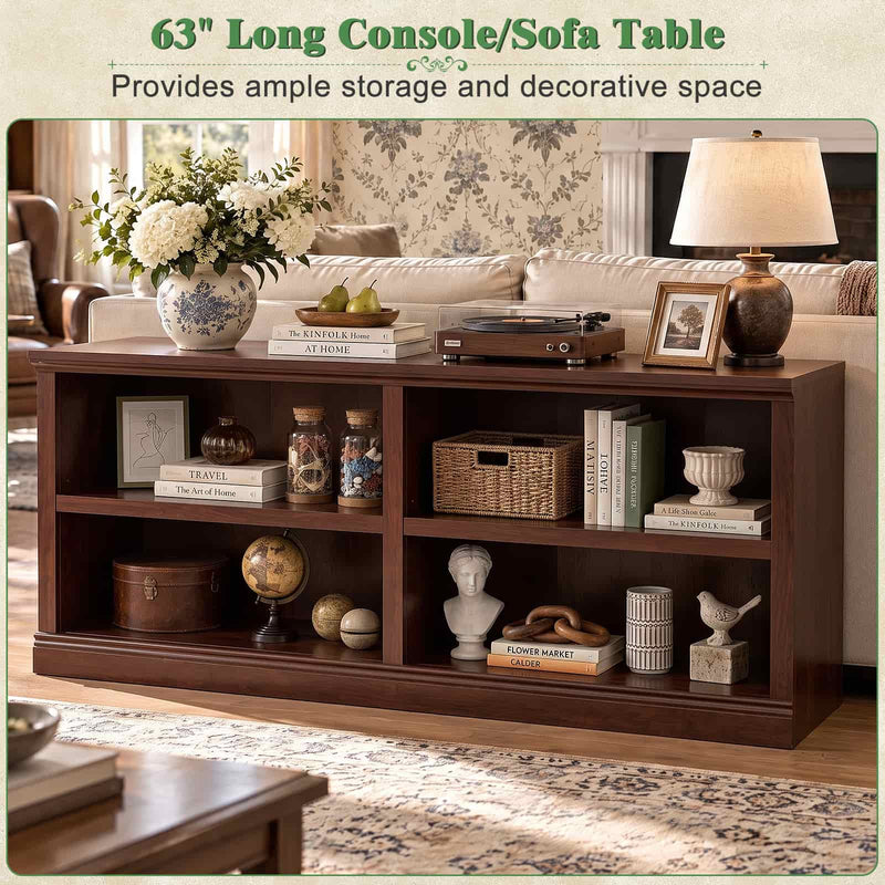 63" Wide Horizontal Bookshelf, 2-Tier 4 Cube Wooden Low Bookcase, Modern Long Open Storage Organizer Cabinet & TV Stand for Living Room, Home Office