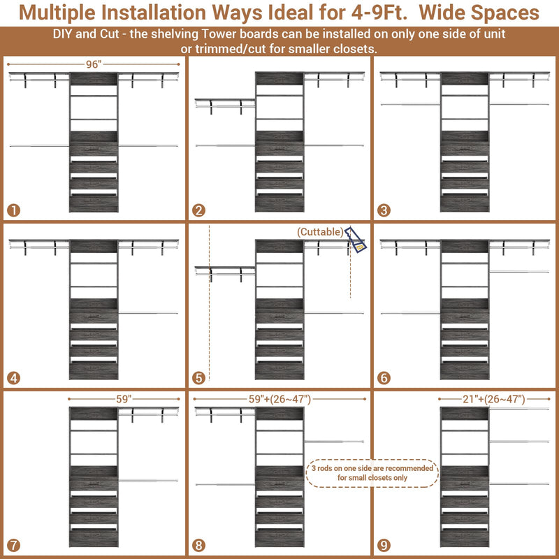 Closet System with 4 Drawers, 8FT Wood Closet Organizer Built In System Tower with Shelves & 4 Rods