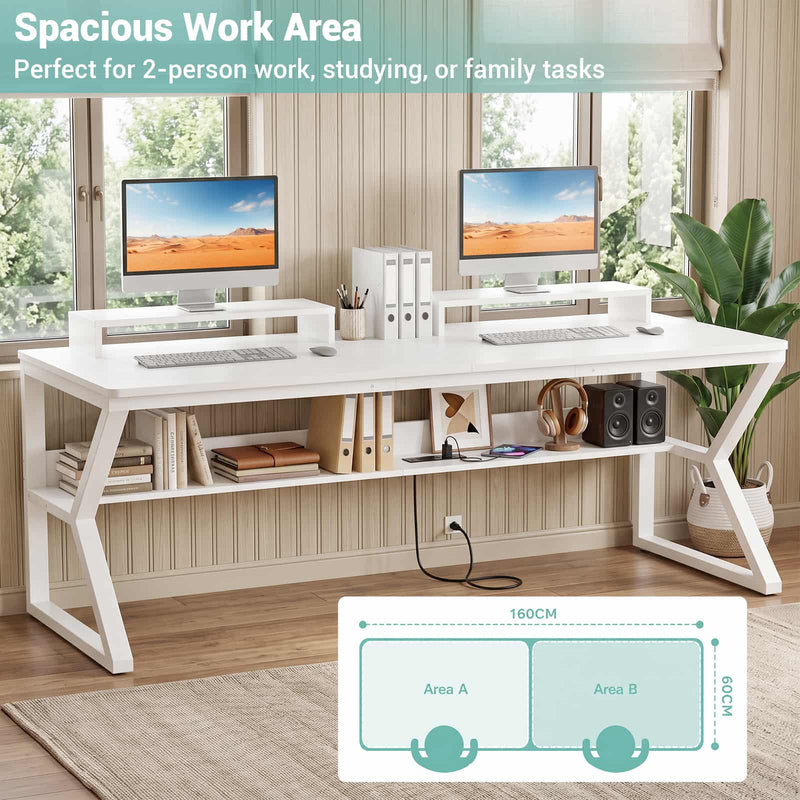 63-Inch Two-Person Computer Desk with Power Outlets, Storage Shelf