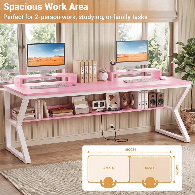 71-Inch Two-Person Computer Desk with Power Outlets, Storage Shelf