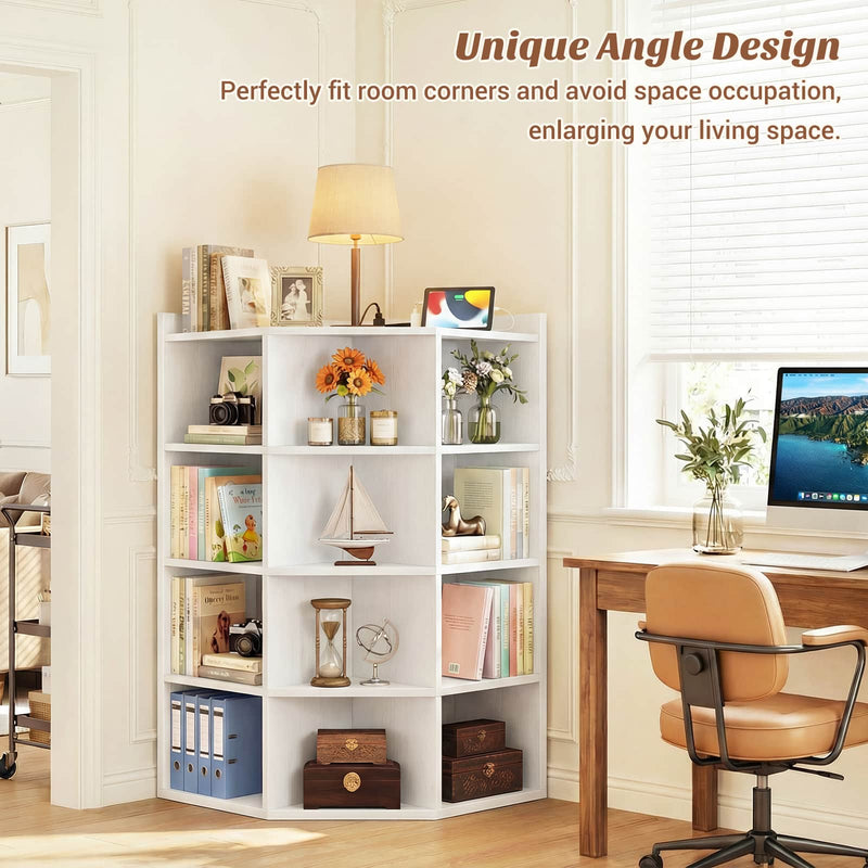 4-Tier 15 Cube Corner Bookshelf with Power Outlets