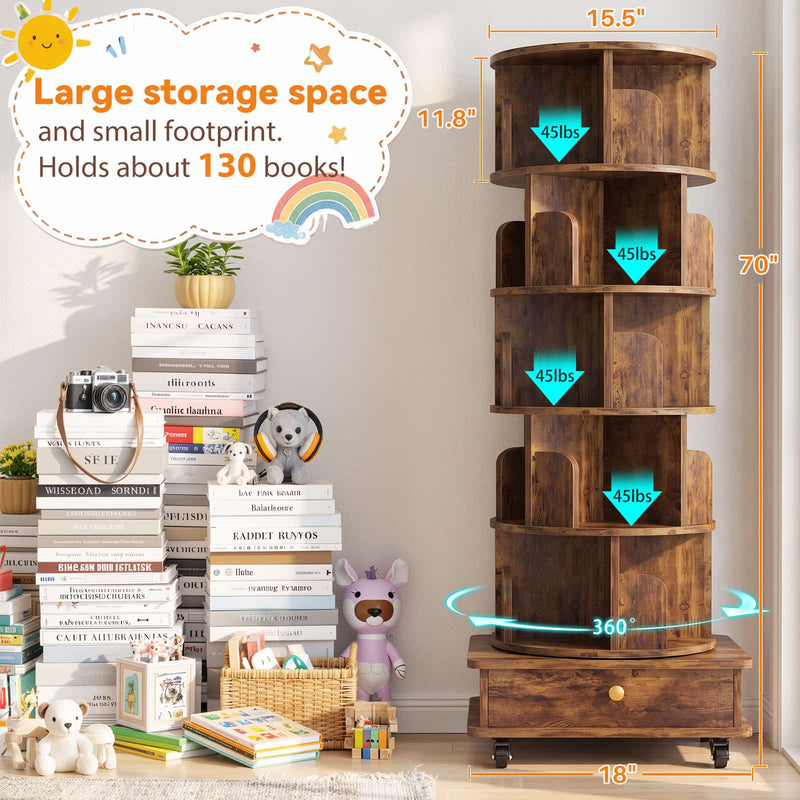 5-Tier Rotating Bookshelf, Corner Book Shelf with Drawer & Wheels, 70" Tall Solid Wood Spinning Bookcase