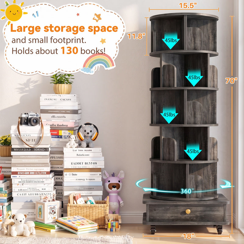 5-Tier Rotating Bookshelf, Corner Book Shelf with Drawer & Wheels, 70" Tall Solid Wood Spinning Bookcase