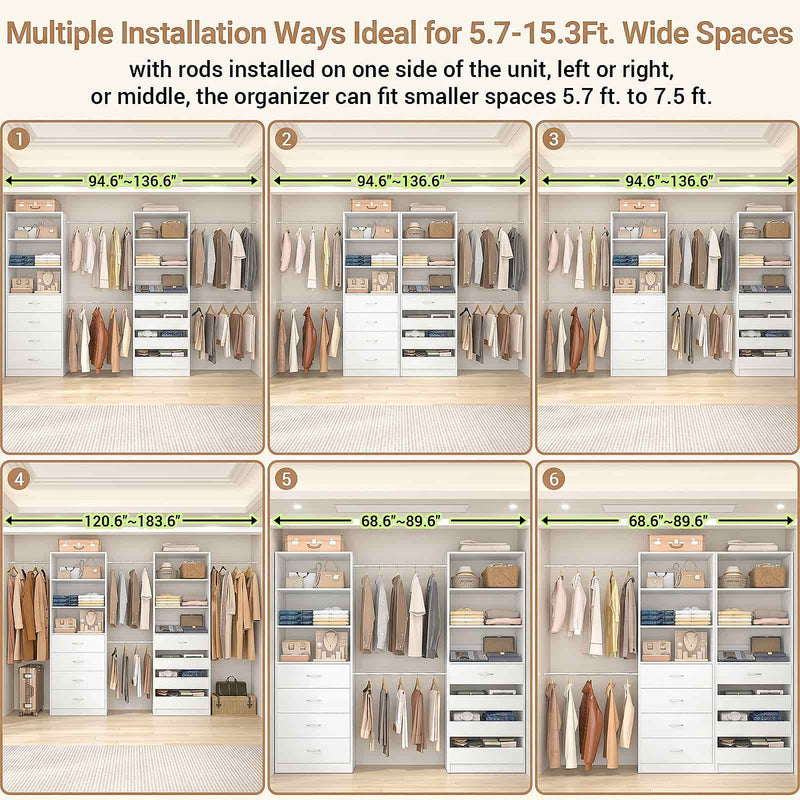 Modular Wood Closet Organizer System (6-15 ft) with 8 Drawers & 4 Hanging Rods