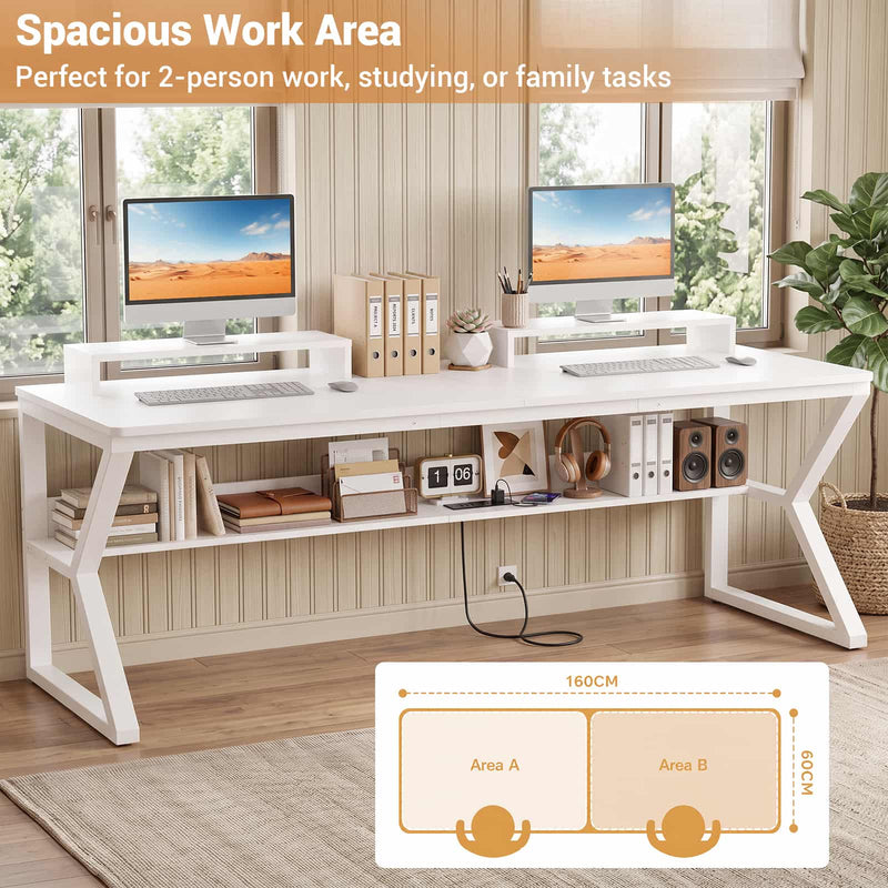 71-Inch Two-Person Computer Desk with Power Outlets, Storage Shelf