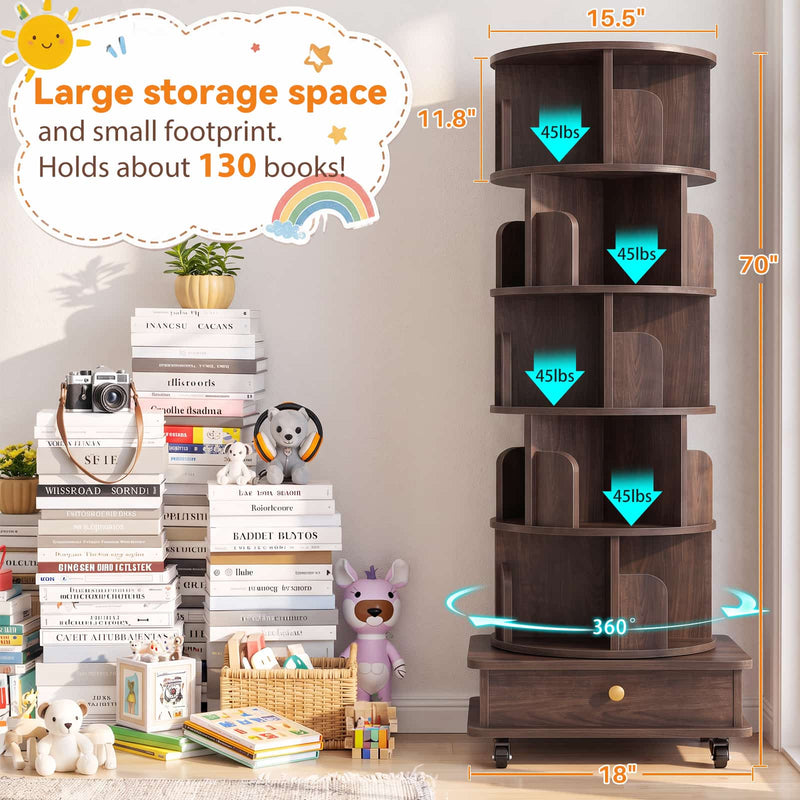 5-Tier Rotating Bookshelf, Corner Book Shelf with Drawer & Wheels, 70" Tall Solid Wood Spinning Bookcase