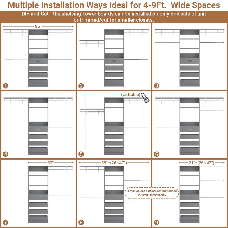Closet System with 4 Drawers, 8FT Wood Closet Organizer Built In System Tower with Shelves & 4 Rods