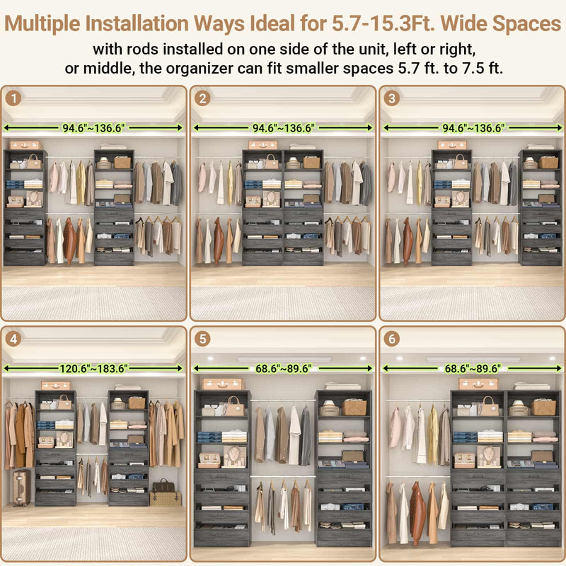 Modular Wood Closet Organizer System (6-15 ft) with 8 Drawers & 4 Hanging Rods