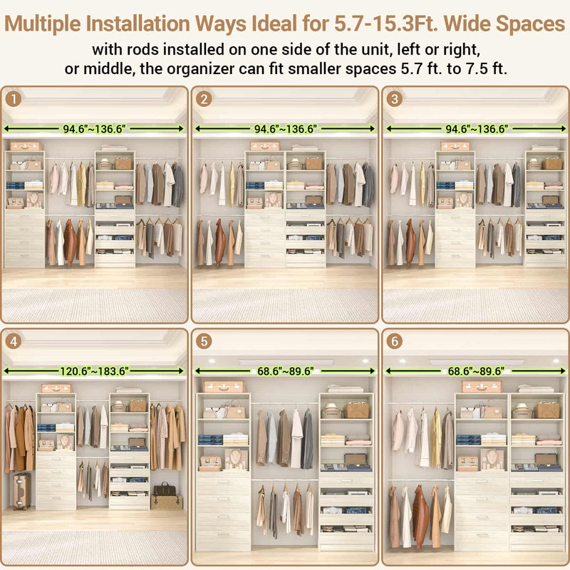Modular Wood Closet Organizer System (6-15 ft) with 8 Drawers & 4 Hanging Rods