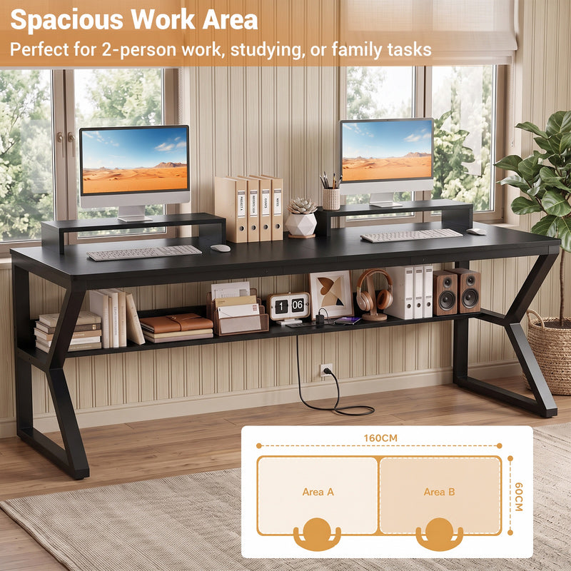 71-Inch Two-Person Computer Desk with Power Outlets, Storage Shelf