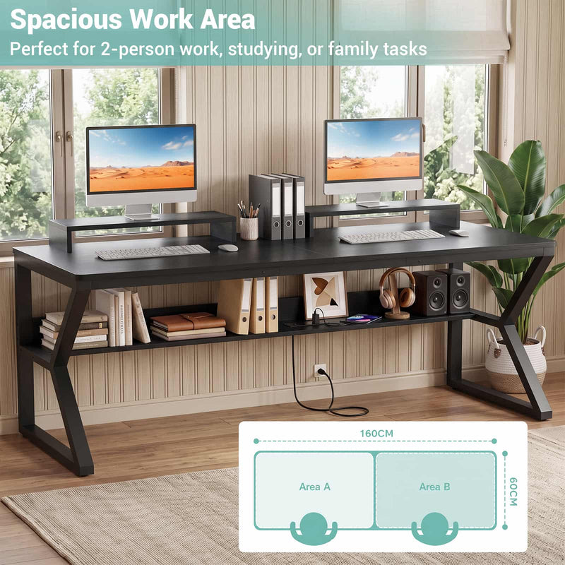 63-Inch Two-Person Computer Desk with Power Outlets, Storage Shelf