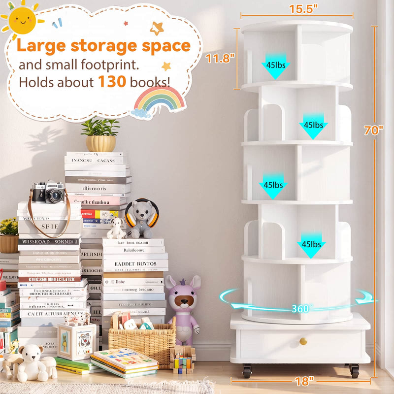 5-Tier Rotating Bookshelf, Corner Book Shelf with Drawer & Wheels, 70" Tall Solid Wood Spinning Bookcase