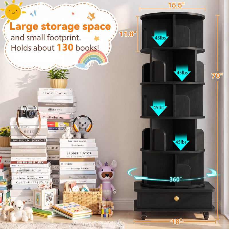 5-Tier Rotating Bookshelf, Corner Book Shelf with Drawer & Wheels, 70" Tall Solid Wood Spinning Bookcase
