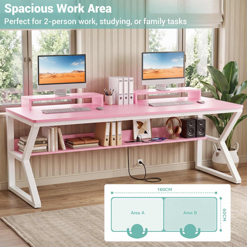 63-Inch Two-Person Computer Desk with Power Outlets, Storage Shelf