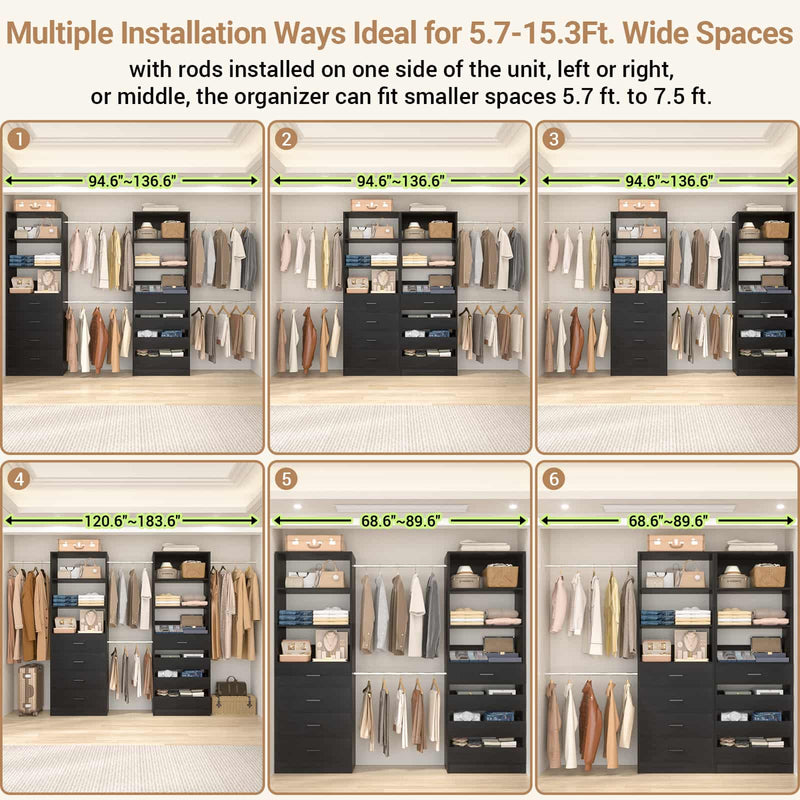 Modular Wood Closet Organizer System (6-15 ft) with 8 Drawers & 4 Hanging Rods