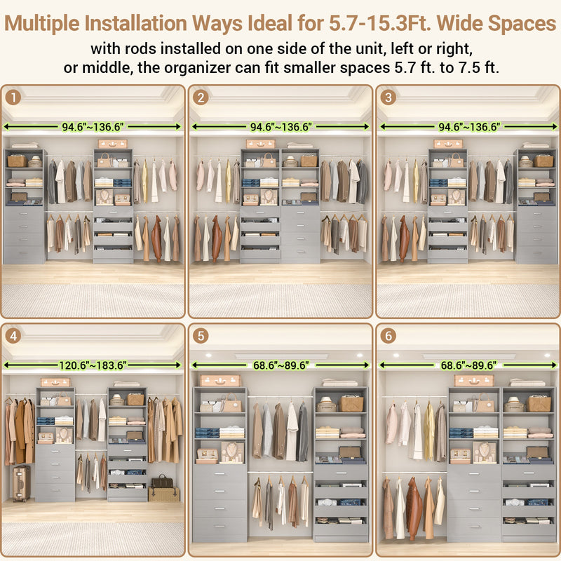 Modular Wood Closet Organizer System (6-15 ft) with 8 Drawers & 4 Hanging Rods