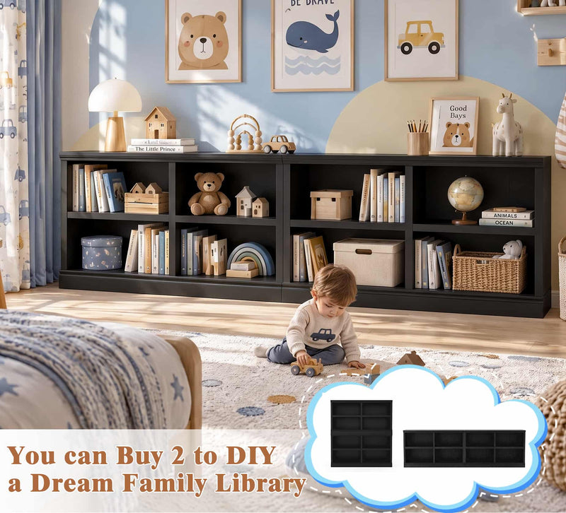 47" Wide Horizontal Bookshelf, 2-Tier 4 Cube Wooden Low Bookcase, Short Open Storage Organizer & TV Stand for Living Room, Home Office