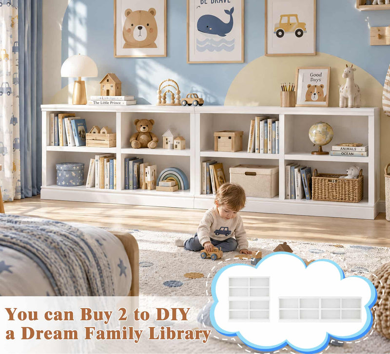 47" Wide Horizontal Bookshelf, 2-Tier 4 Cube Wooden Low Bookcase, Short Open Storage Organizer & TV Stand for Living Room, Home Office