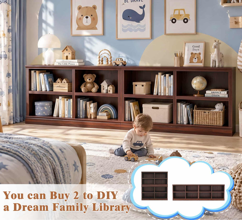 47" Wide Horizontal Bookshelf, 2-Tier 4 Cube Wooden Low Bookcase, Short Open Storage Organizer & TV Stand for Living Room, Home Office