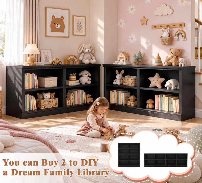 63" Wide Horizontal Bookshelf, 2-Tier 4 Cube Wooden Low Bookcase, Modern Long Open Storage Organizer Cabinet & TV Stand for Living Room, Home Office