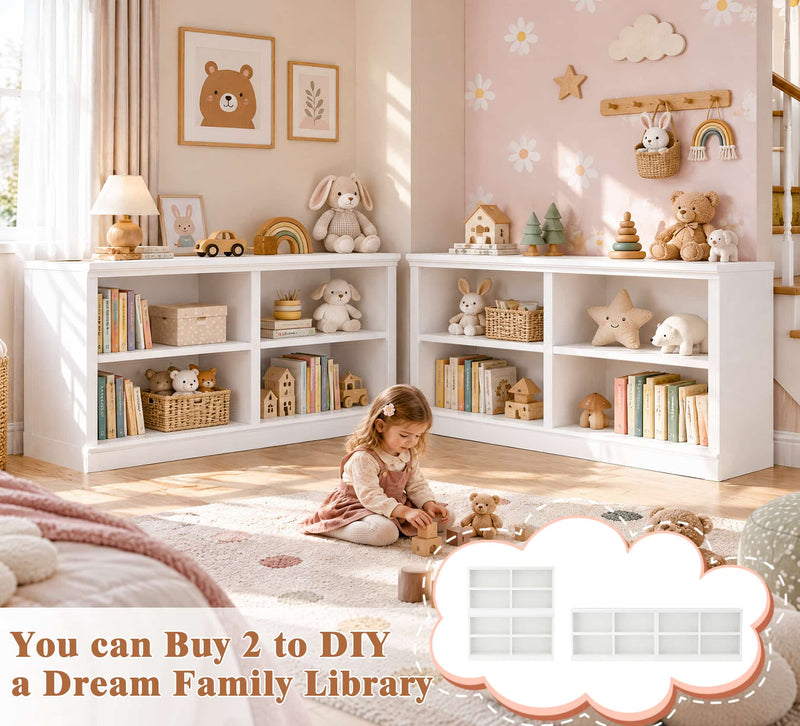63" Wide Horizontal Bookshelf, 2-Tier 4 Cube Wooden Low Bookcase, Modern Long Open Storage Organizer Cabinet & TV Stand for Living Room, Home Office