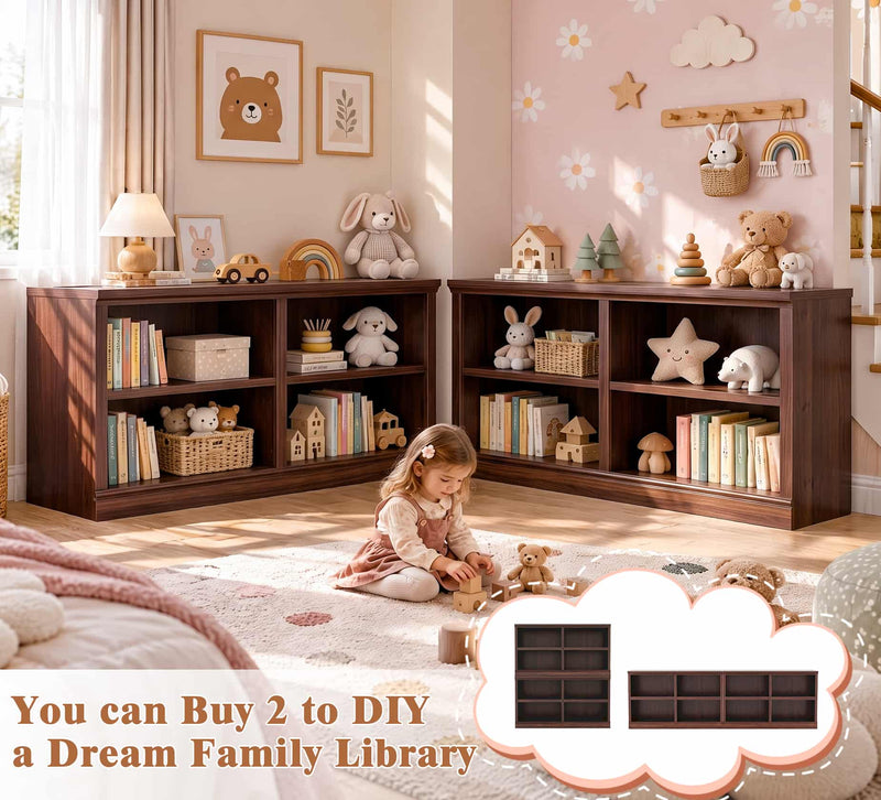 63" Wide Horizontal Bookshelf, 2-Tier 4 Cube Wooden Low Bookcase, Modern Long Open Storage Organizer Cabinet & TV Stand for Living Room, Home Office