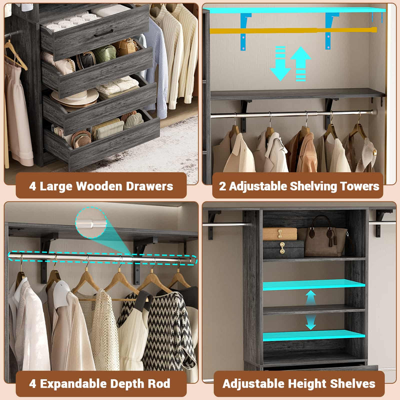 Closet System with 4 Drawers, 8FT Wood Closet Organizer Built In System Tower with Shelves & 4 Rods