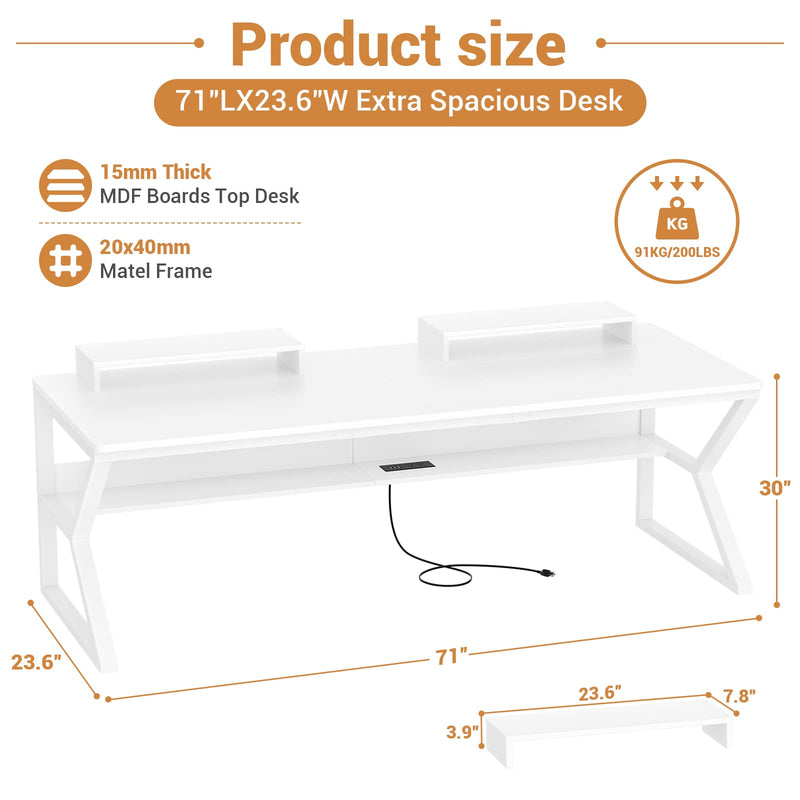 71-Inch Two-Person Computer Desk with Power Outlets, Storage Shelf
