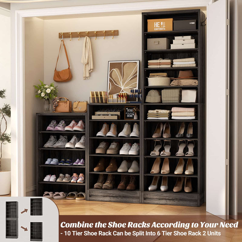 10-Tier Freestanding Wooden Shoe Rack Cabinet，2Pack