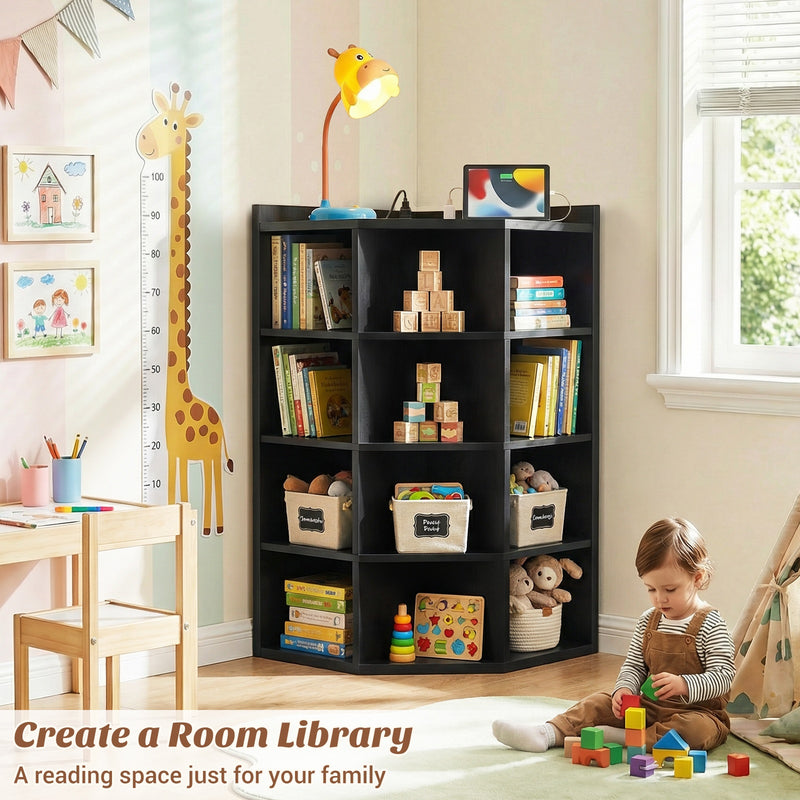 4-Tier 15 Cube Corner Bookshelf with Power Outlets