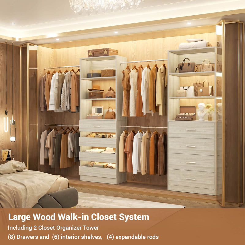 Modular Wood Closet Organizer System (6-15 ft) with 8 Drawers & 4 Hanging Rods