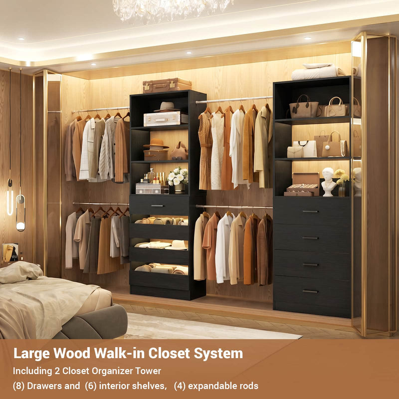 Modular Wood Closet Organizer System (6-15 ft) with 8 Drawers & 4 Hanging Rods